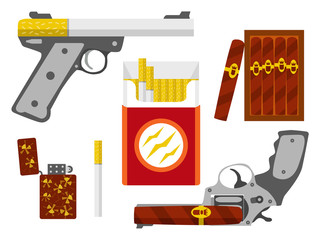 Cigarette pistol, cigar revolver, cigarette, cigars pack in flat style.