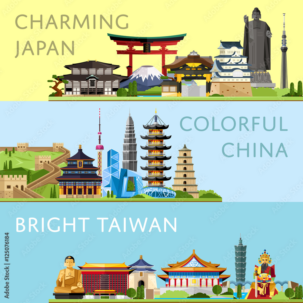 Poster worldwide travel horizontal flyers with famous architectural attractions. charming japan. colorful c