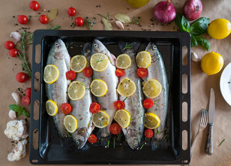 fresh trout fish on a baking sheet