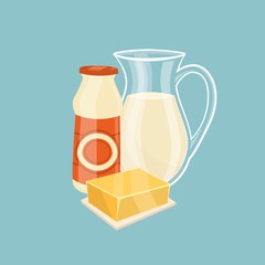 Glass jug with milk and other dairy products isolated on blue background, vector illustration. Nutritious and healthy milk products. Natural and healthy food. Organic farmers products. Dairy icon