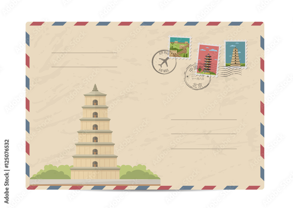 Wall mural china vintage postal envelope with postage stamps and postmarks on white background, isolated vector