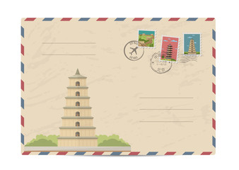 China vintage postal envelope with postage stamps and postmarks on white background, isolated vector illustration. Chinese ancient pagoda. Air mail stamp. Postal services. Envelope delivery.