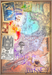 Old map with vintage stamps,scraps and tarots card