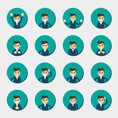 Cartoon man in various poses and facial expressions. People emotional round icons isolated on white background, vector illustration. Collection of female avatars faces. Different emotions icon set.