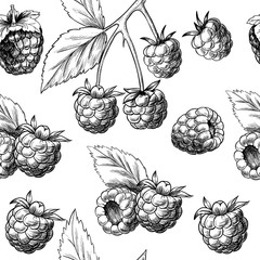 Juicy raspberries. Vector seamless pattern.Vintage style - obrazy, fototapety, plakaty
