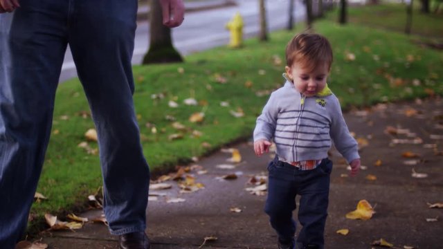 Adorable little boy walking in a park on a fall day with his dad