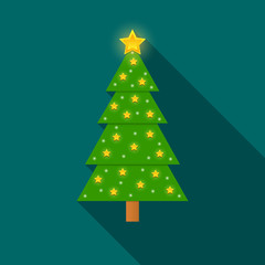 Decorated Christmas tree with long shadow on green background