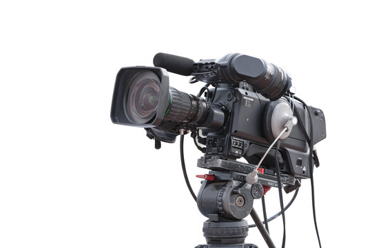 Television camera recording publicity event isolated on white background