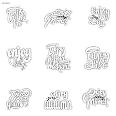 Enjoy your weekend, meal, yourself, day, today, the little things, every moment, it, autumn. Dotwork for design. Positive phrase set can be used as print, stamp, banner or label,  corporate identity