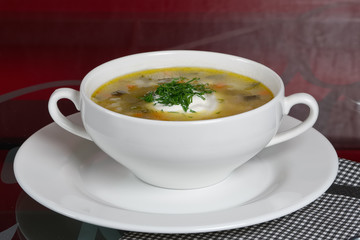 Hot plate with fat onion soup