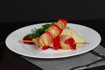 chicken shashlyk with bell pepper and rice