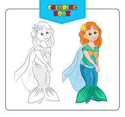 Fototapeta na wymiar Little girl in carnival costume Mermaid. Coloring book. Outline and colored image. Vector