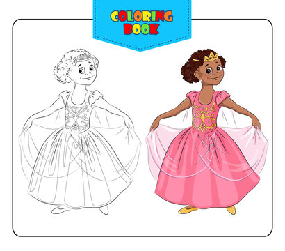 Little girl in carnival costume Princess. Coloring book. Outline and colored image. Vector