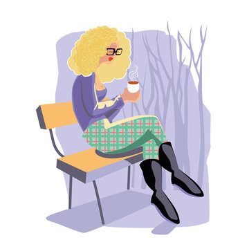 Pretty blonde girl with a cup in the park. Vector illustration