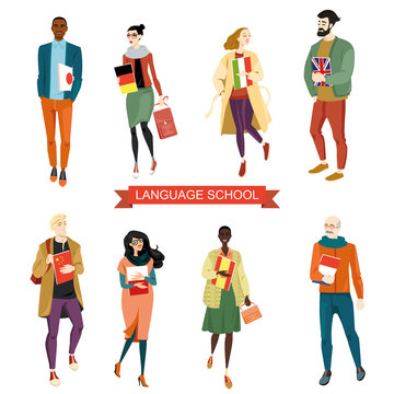 Set of vector illustrations of people studying foreign languages in cartoon style