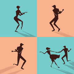 set of illustrations silhouettes dancing rock 'n' roll in retro styles

