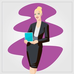 Flat vector illustration with woman showing tablet