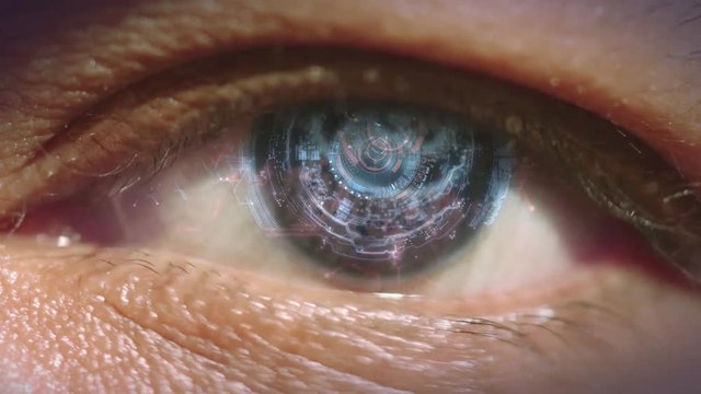 4K complex futuristic eye interface/HUD. Animated and three dimensional. Seamless loop.