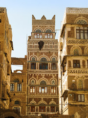 View to Sanaa traditional houses and old city, Yemen