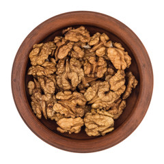 Walnuts shelled in a bowl isolated on white background.