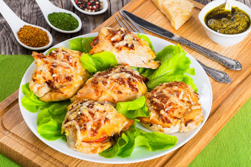 Stuffed chicken breast with ham, cheese, tomatoes, view from abo