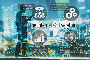 Internet of Everything concept. Double exposure of night city light and sillhouette of business man standing and using smart phone with the success factors of Internet of Everything.