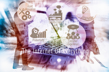  Internet of Everything concept. Double exposure of sillhouette of business man standing using smart phone and laptop computer with the value drivers of Internet of Everything.