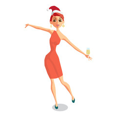 Pretty red-haired woman in red Christmas Santa costume dancing w