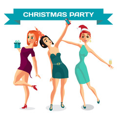 Young women in costumes for the Christmas party. Vector flat car