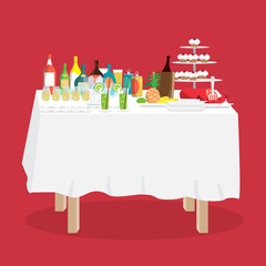 Buffet table with food and drinks. Cartoon style vector illustra