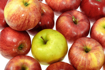 one ripe yellow apple with red apples