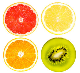 Citrus Fruit Set ( grapefruit, orange,kiwi, lemon) isolated on w