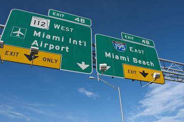 Interstate signs marking the way to Miami Beach and Miami International Airport