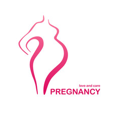 Pregnancy logo design. Stylized figure of pregnant woman as template of company logotype. Vector illustration.