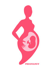 Pregnant woman with embryo logo design. Stylized silhouette of pregnant woman and embryo as template of company logotype. Vector illustration.