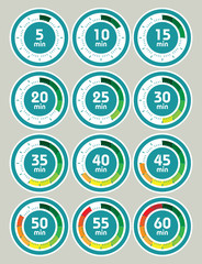 Set of timers. Sign icon. Full rotation arrow timer. 