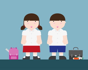 cute big fat boy and girl back to school on blue background