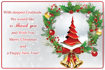Thank you business greeting card for Christmas and New Year. Contains a thank you message from company to its stuff and clients, Christmas tree, Christmas baubles, jingle-bells. Print colors used. 