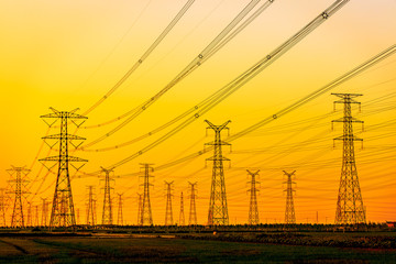 High voltage power tower beautiful scenery at dusk