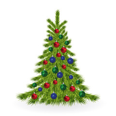 Christmas tree with colorful baubles. illustration. festive background.