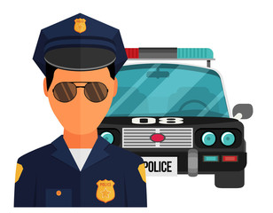 Vector illustration, flat design. Police officer with car