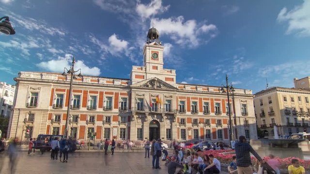 The Old Post Office building timelapse hyperlapse. Located in the Puerta del Sol. Madrid, Spain