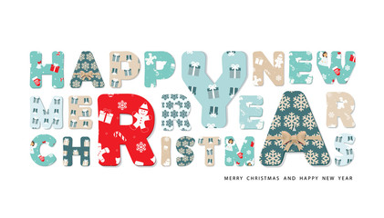 Marry Christmas and Happy New Year lettering with paper cutout letters from different Christmas patterns.