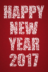 Greeting card or poster Happy New Year 2017. Text made of floral elements. Background with vintage pattern.