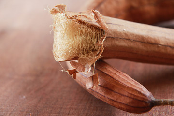 Dry Luffa on wooden 