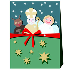 Devil, angel and Nicholas contrasting composition in retro style. Ribbon with a bow, stars, gold, red, green, blue, white colors. Advent and Christmas tradition in Europe.