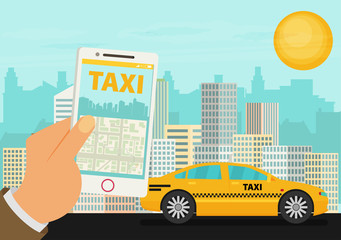 Taxi service. Smartphone, city skyscrapers. Vector flat 