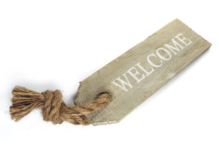 Wooden welcome sign, isolated on white background.