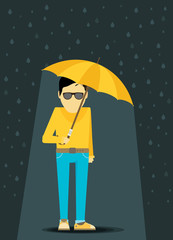 Flat  man with Umbrella Standing Under the Rain. 