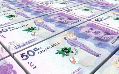Colombian pesos bills stacks background. 3D illustration.